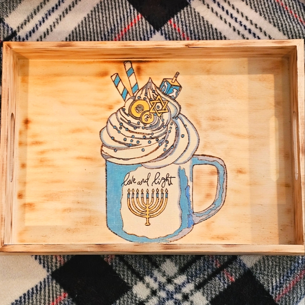 Handmade woodburned and hand painted Hanukkah tray
